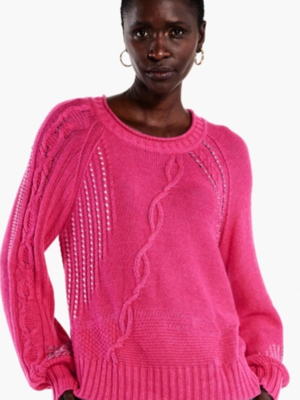 NIC+ZOE Bright Pink Cable Crewneck Sweater